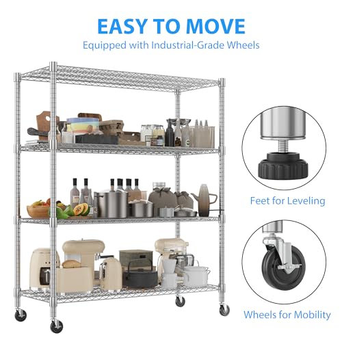 Homdox 4-Tier Heavy Duty Metal Shelves with Wheels - 2400LBS Commercial Adjustable Shelves for Garage, Pantry, Kitchen - 24"x60"x72", Chrome - color: Silver, size: 24"x60"x72"