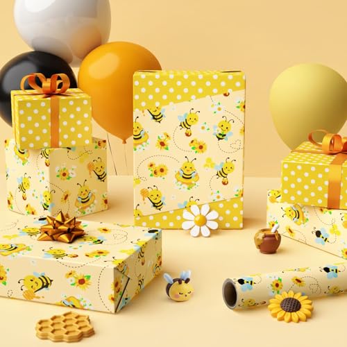 WERNNSAI Bee Daisy Wrapping Paper - 33 ft Honey Bee Wrapping Paper for Kids - color: Bee and Daisy
