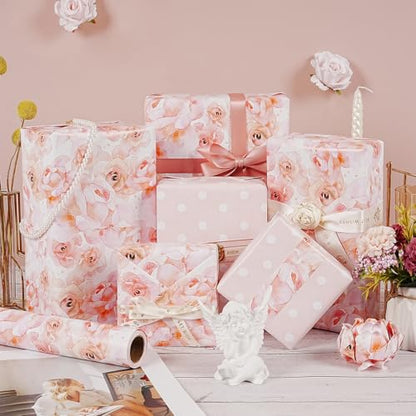 Floral Wrapping Paper Roll, Reversible Pink Wrapping Paper for Women Girls, Pink Rose White Polka Dot Design, Flower Gift Wrap Paper for Birthday Wedding Baby Shower Bridal Shower, 17Inch x 33Feet - color: Pink