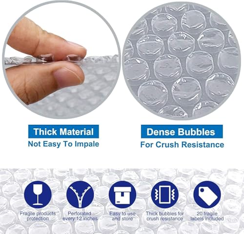 Dasen Bubble Cushioning Wrap Rolls for Packing Moving, 12 Inch x 72 Feet Total Perforated Every 12" Easy Tear Durable Air Bubble Roll for Shipping Packaging Materials Supplies (White)