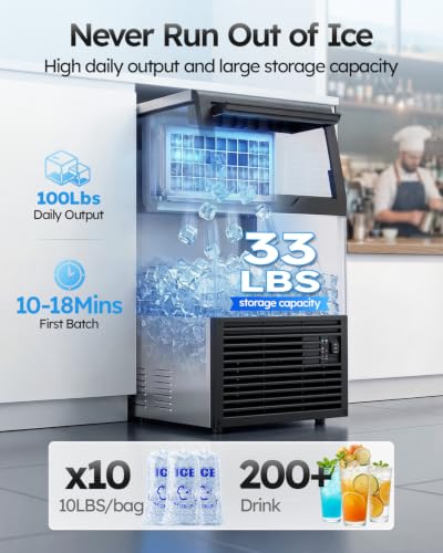 Mojgar Commercial Ice Maker Machine, 100lbs/24H with 18-33lbs Ice Storage - color: Sliver