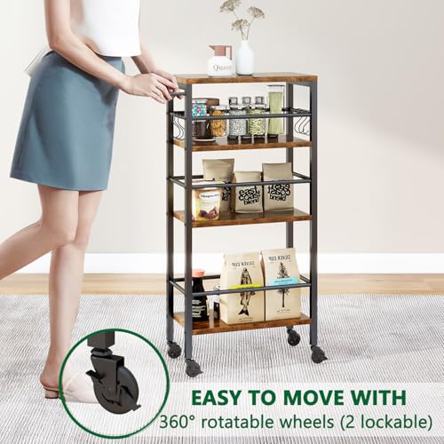 IBUYKE Slim Rolling Storage Cart, Kitchen Cart Utility Shelving UTMJ065H - color: Brown, size: 15.75"D x 7.9"W x 32.3"H