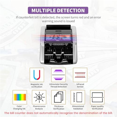 Aneken Money Counter Machine with Value Count, Dollar, Euro UV/MG/IR/DD/DBL/HLF/CHN Counterfeit Bill Detectors，Add and Batch Modes, Cash Counter with LCD Display