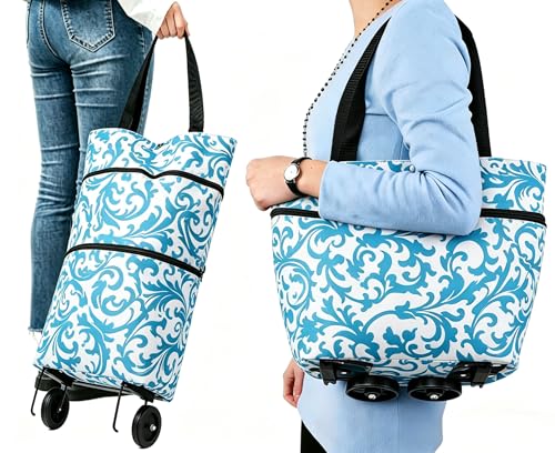 Collapsible Shopping Bag with Wheels Portable Shopping Cart with 360° Swivel Wheels Rolling Tote Bag Reusable Grocery Bag Trolley Bag for Travel Shopping and Daily Use(Light Blue) - color: Light Blue