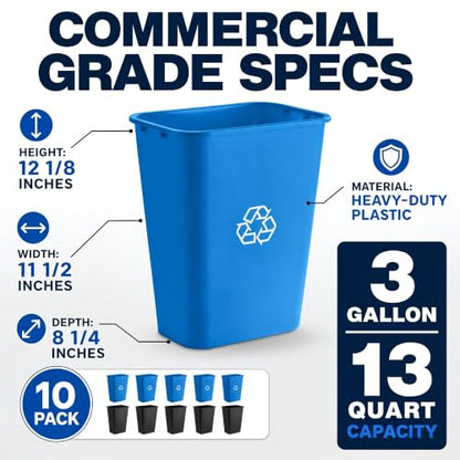 10 Pack, Recycle Wastebasket, 13 Qt. / 3 Gallon Rectangular Wastebasket / Trash Can Kit - Compact Recycling Bin, Slim Design for Business, Kitchen, Household, Workplace, and Dormitory - Black and Blue