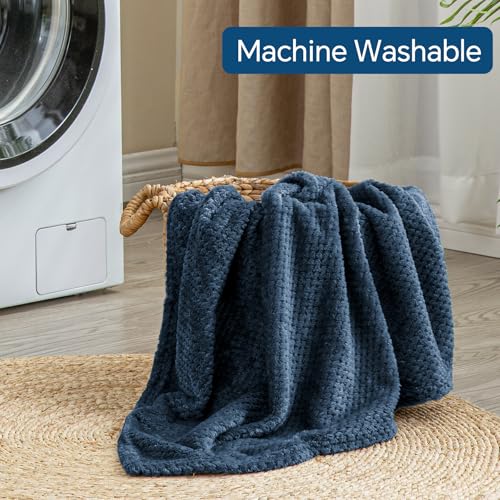 BEDELITE Travel Blanket with Bag, Jacquard Fleece Blanket 65"x40", Navy - color: Navy