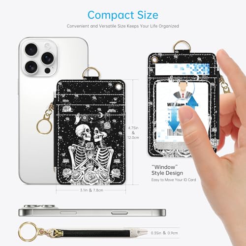 2-in-1 ID Badge Holder & Lanyard Wallet，Cute Zippered Pouch Skeleton Love - color: Skeleton Love