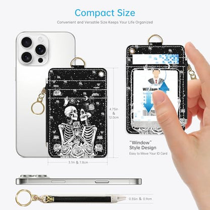 2-in-1 ID Badge Holder & Lanyard Wallet，Cute Zippered Pouch Skeleton Love - color: Skeleton Love
