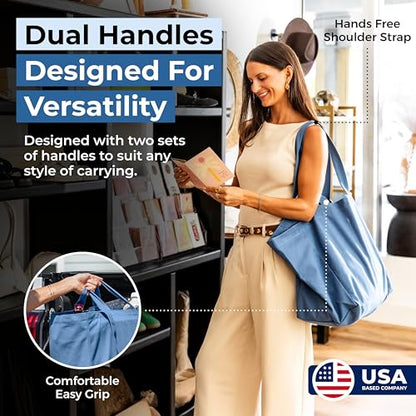 VeraMia Canvas Grocery Bag 3pc XL Set with Real Pockets, Long Shoulder Strap and Short Handle. Heavy Duty, Foldable, Washable - color: Sky Blue