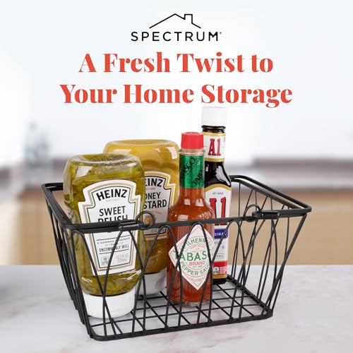 Spectrum Small Wire Basket with Handles Black Farmhouse Basket Organizer for Kitchen Bathroom Laundry Pantry Shelf Organization, Sturdy Twist Wire Metal Basket with Handle for Gifts or Storage - size: Small