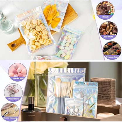 100Pcs Holographic Packaging Bags, 4.7x7 inch Resealable Foil Pouch - size: 100Pcs-4.7x7 Inch