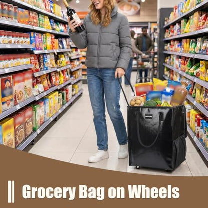 Grocery Bag Rolling Tote Bag on Wheels, Shopping Bag with Wheels Handle - color: Black-1