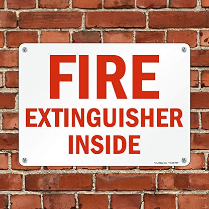 SmartSign 10 x 14 inch “Fire Extinguisher Inside” Sign with Pre-Cleared Holes, Digitally Printed, 55 mil HDPE Plastic, Red and White - size: 10" x 14" Plastic