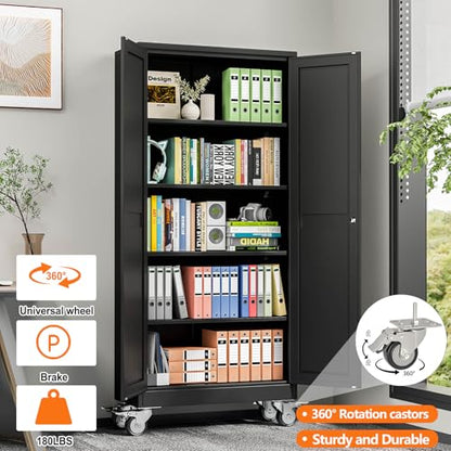 pozdeg 71" Black Lockable Rolling Metal Garage Storage Cabinet - color: Black, size: 14.96"D x 29.92"W x 71"H
