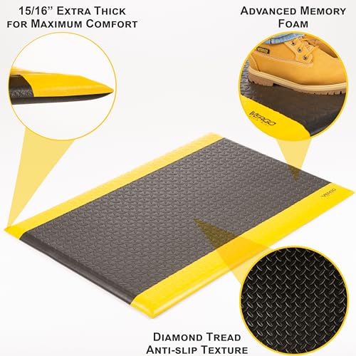 Vergo Industrial 15/16” Extra Thick Anti Fatigue Mat - Heavy Duty Commercial Grade Diamond Plate Ergonomic Standing, Non-Slip Black with Yellow Anti Fatigue Floor Mat for Work, Shop (1-Pack 3' x 5') - size: 1 Pack