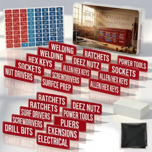 [35-Pack] Magnetic Toolbox Labels - 3mm Thick DuraGloss™ Epoxy Tags for Tool Chest Drawer Organization, Professional Oil-Resistant Red Mechanic Labels for Steel Carts & Cabinets - color: Red