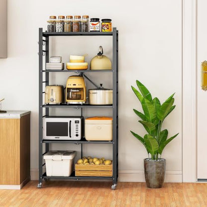 Fenbeli 5-Tier Folding Metal Storage Shelves with Wheels, 750 lb Capacity - color: Black-a, size: 5 Tier