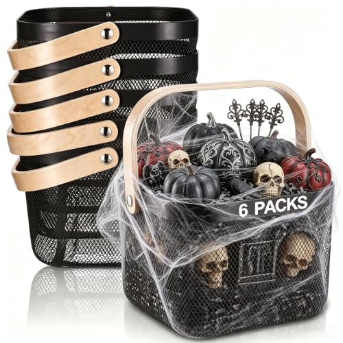Roshtia 6 Pcs Metal Mesh Basket with Handle, Gothic Garden Basket - color: Black, size: 9.65 x 9.65 x 7.09 Inch