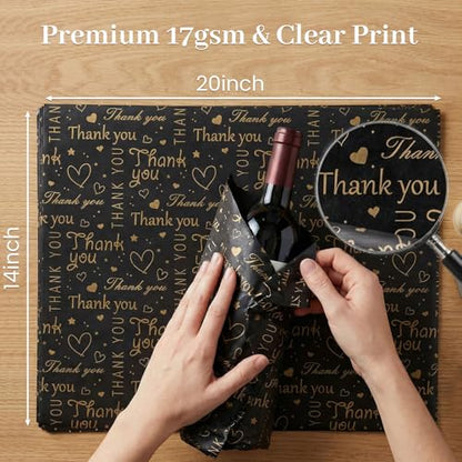 Koogel 100 Sheets Black Gold Thank You Tissue Paper, 20 X 14 inches - color: Black