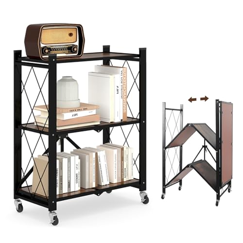 3 Tier Folding Shelf with Wheels, Wood and Metal Bookshelf - color: Brown Wooden, size: 3 Tier