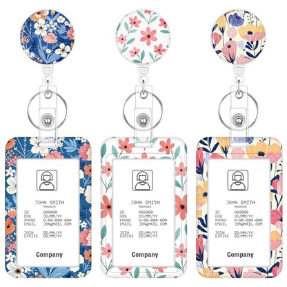 3 Pack Flower Badge Holder with Retractable Reel, Vertical Id Card Holder - color: Painting Flower