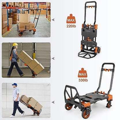 Heavy Duty 330lbs Folding Hand Truck, 2 in 1 Alu Foldable Dolly, Orange - color: Orange