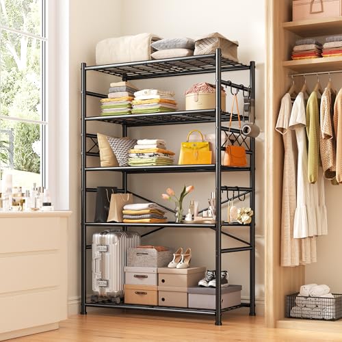 DurayLoly Heavy Duty 5-Tier 1000LBS Metal Shelving with 4 Side Hooks, Black - size: 36" W x 12" D x 72" H (5T)