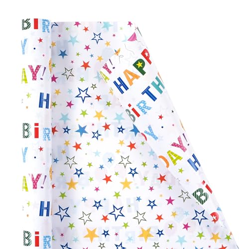 Ulmasinn Birthday Wrapping Paper Roll, Reversible Happy Birthday & Colorful Stars Design, Thick 80gsm Gift Wrap Paper, 17" x 33' Mini Roll for Kids, Teens and Adults, Birthday Gifts, Toys, Books and Party Presents - color: Birthday white