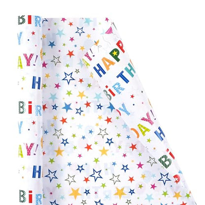 Ulmasinn Birthday Wrapping Paper Roll, Reversible Happy Birthday & Colorful Stars Design, Thick 80gsm Gift Wrap Paper, 17" x 33' Mini Roll for Kids, Teens and Adults, Birthday Gifts, Toys, Books and Party Presents - color: Birthday white