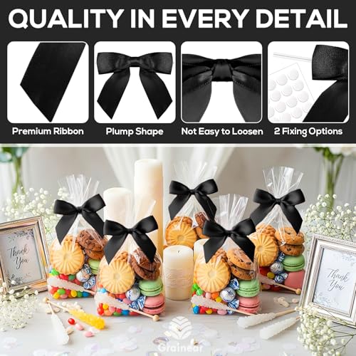 50 Pcs Black Satin Ribbon Bows, 3.5" x 3.5", with Twist Ties - color: Black