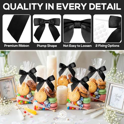 50 Pcs Black Satin Ribbon Bows, 3.5" x 3.5", with Twist Ties - color: Black
