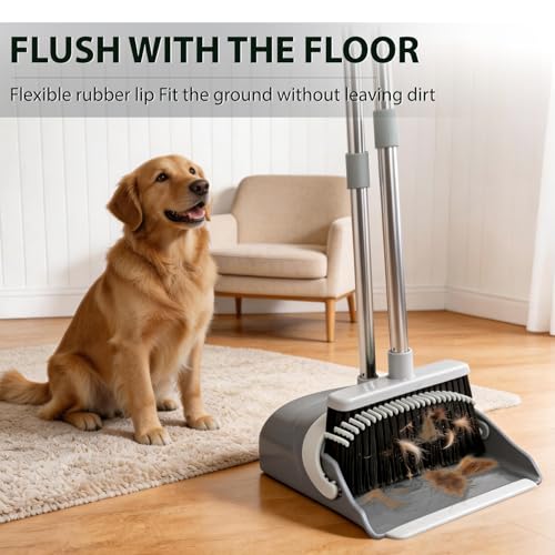 YZO Broom and Dustpan Set, 54.33 Inch Long Handle Standing Design, Dustpan Front Rubber Tight Seal, Broom with 5 Layer Bristles, Suitable for Bedroom, Yard, Office and Apartment(Gray&Black) - color: Gray&black