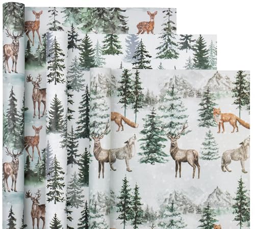 WRAPAHOLIC Kraft Christmas Wrapping Paper Roll - Mini Roll - 3 Rolls - 17 Inch x 120 Inch Per Roll - Watercolor Elk, Wild Animal and Winter Forest Landscape Holiday Collection - color: Blue Wild Animals