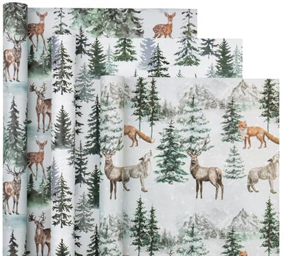 WRAPAHOLIC Kraft Christmas Wrapping Paper Roll - Mini Roll - 3 Rolls - 17 Inch x 120 Inch Per Roll - Watercolor Elk, Wild Animal and Winter Forest Landscape Holiday Collection - color: Blue Wild Animals