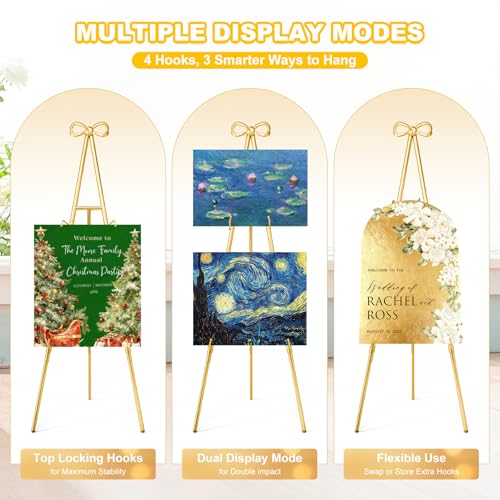 Interchangeable Bow & Star Top Gold Easel Stand for Sign, 62"–47" Height Adjustable Heavy Duty Wedding Easel Stand with 3 Display Modes — Perfect for Welcome Signs, Christmas Decor, Parties & Events