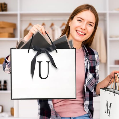 QLSKO Monogrammed Gift Wrap Bag Personalized Initial Paper Bag with Card Matching Envelope Sticker,Bow Ribbon and Wrapping Tissue Birthday Gifts for Women Men (White, U-Medium) - size: U-Medium