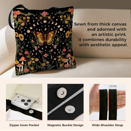 Cute Canvas Tote Bag for Women, Book Totebag with Zipper Pocket - color: Butterfly Moon Floral
