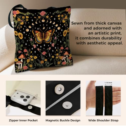 Cute Canvas Tote Bag for Women, Book Totebag with Zipper Pocket - color: Butterfly Moon Floral