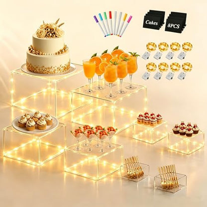 8 Pcs Clear Acrylic Buffet Risers with LED Fairy Lights, Acrylic Food Risers with Mini Sign and Maker, Clear Buffet Risers and Stands for Party Catering Dessert Collectibles(9" 8" 7" 6" 5" 5" 4" 4" ) - color: Clear 9" 8" 7" 6" 5" 5" 4" 4"