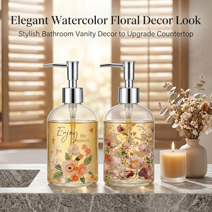 Topadorn Glass Soap Dispenser Set of 2, 17oz Floral Pump Bottles - color: Pink Floral
