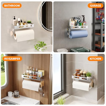 Paper Towel Holder Wall Mount for Bathroom, Paper Towel Holder with Shelf for Kitchen, RV Paper Towel Rack Stainless Steel, Silver - color: Silver