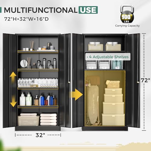 Greenvelly Storage Cabinet, 72” Black Garage Steel Locking Cabinet with Doors and 4 Adjustable Shelves, Tall Lockable File &Tool Cabinet for Home Office, Metal Classroom Cabinet Basement - color: Black, style: 72"H