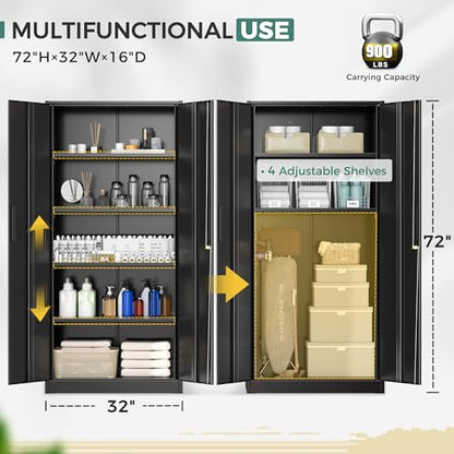 Greenvelly Storage Cabinet, 72” Black Garage Steel Locking Cabinet with Doors and 4 Adjustable Shelves, Tall Lockable File &Tool Cabinet for Home Office, Metal Classroom Cabinet Basement - color: Black, style: 72"H