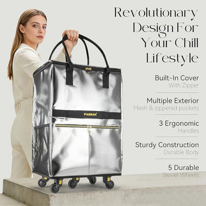PASMAN Reusable Foldable Rolling Grocery Bag on 5 Wheels,Medium, Silver - color: Silver, size: Medium