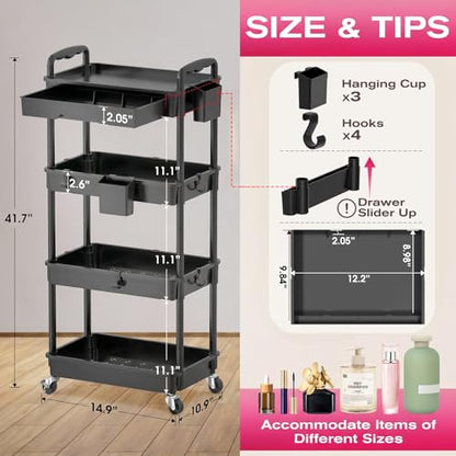 Goovilla Rolling Makeup Organizer Cart with Removable Drawer, 4 Tier Black - color: Black, size: 4 Tier