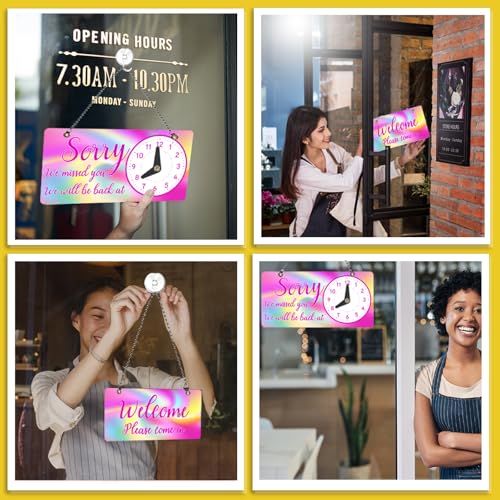 PLIGREAT Rainbow Swirl Double Sided Open Closed Sign with Clock Welcome Please Come In Sorry We Missed You Signs for Business Retail Store Window Wall Decor Hanging Door Signs with Chain, Pink - style: Rainbow Swirl