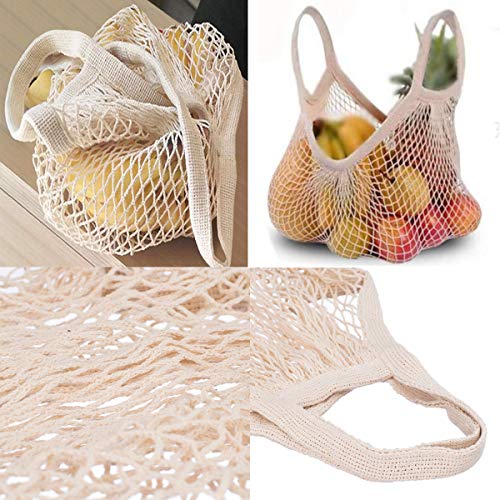 Ahyuan Reusable Cotton Mesh Grocery Bags Cotton String Bag Net Shopping Mesh Bags Pack of 3 (Beige)