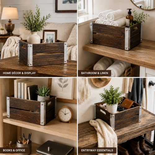 4 Pack Espresso Brown Nesting Wood Storage Crates with Cutout Handles - color: Espresso Brown