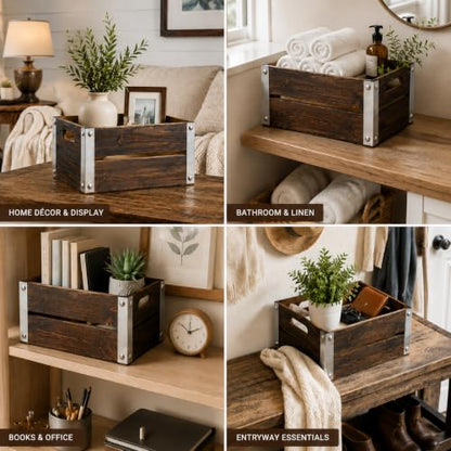 4 Pack Espresso Brown Nesting Wood Storage Crates with Cutout Handles - color: Espresso Brown