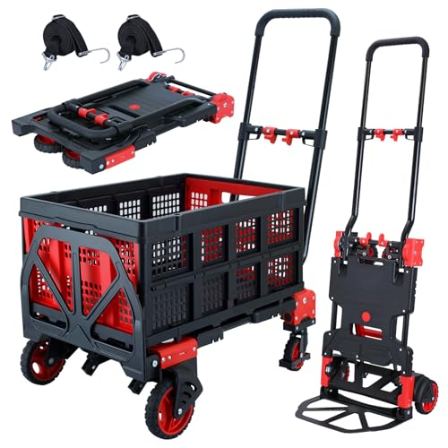 2 in 1 Folding Hand Truck Dolly with Basket,330LB Hand Cart Foldable - color: A-red